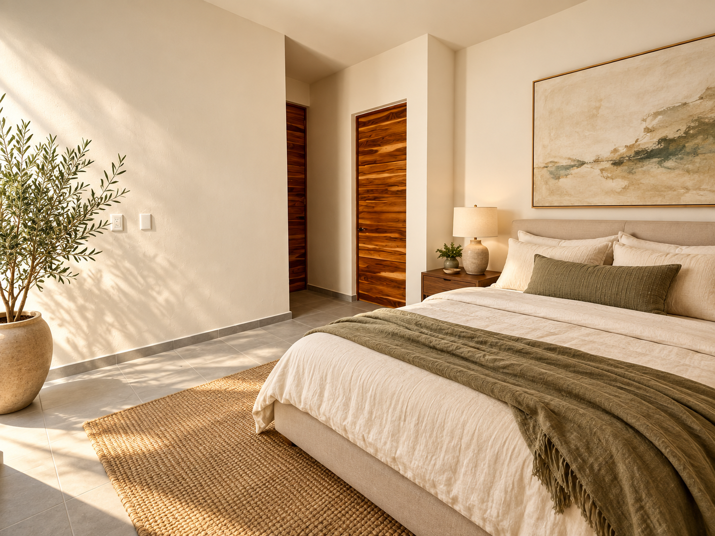 Ambientación conceptual de la recámara, con cama de lino y luz cálida